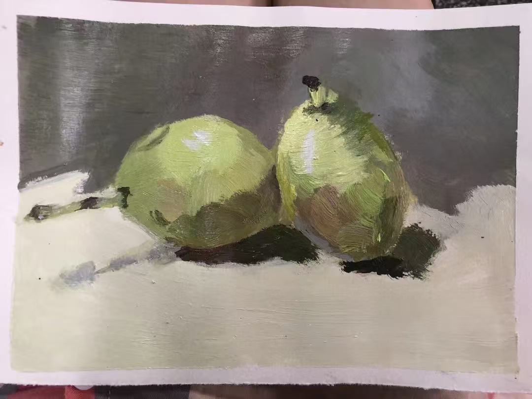 两颗青梨静物油画