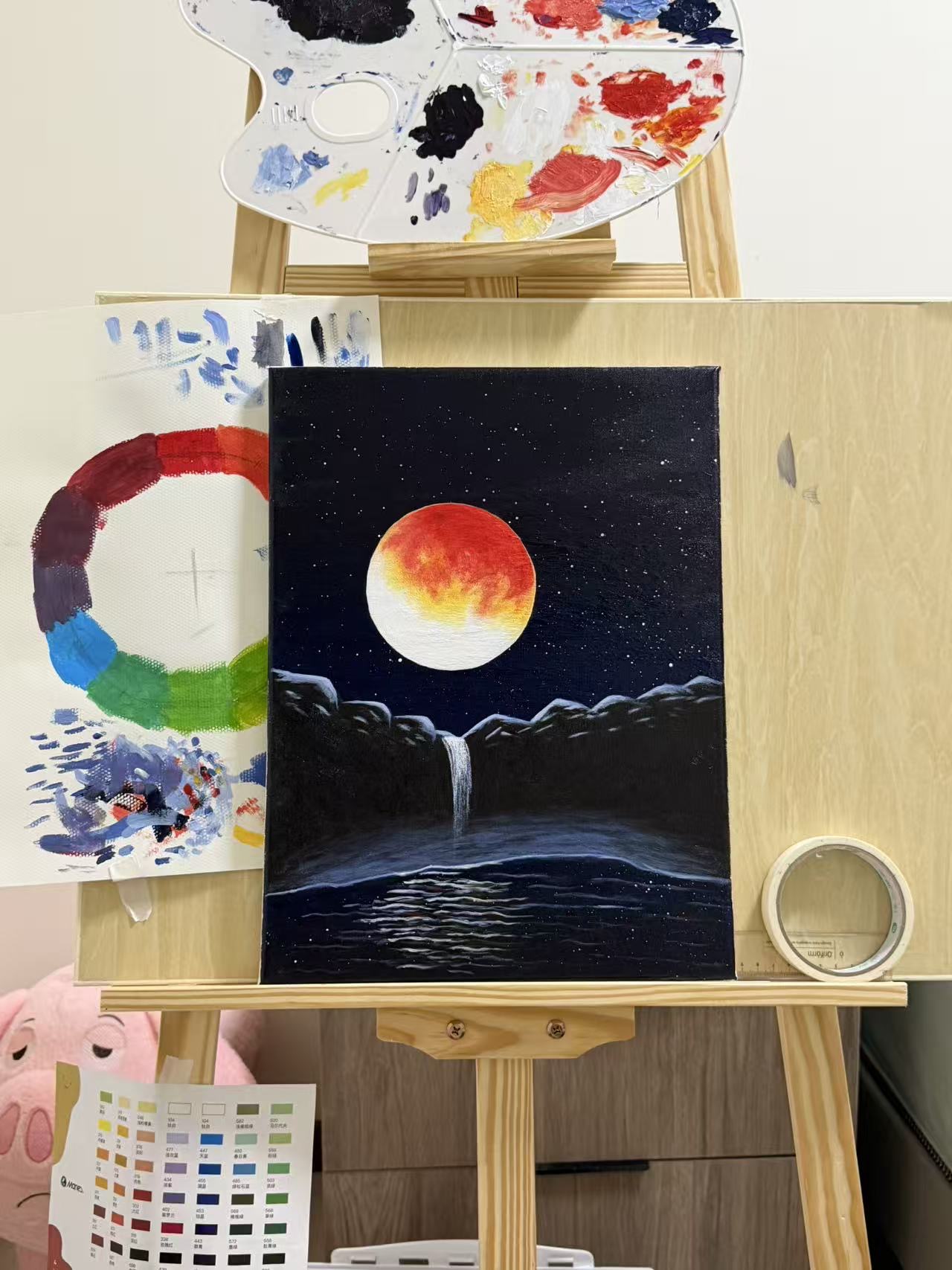 红月与瀑布夜景油画