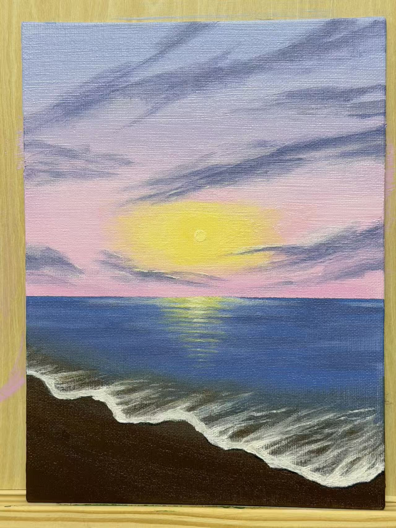 粉色晚霞与海面油画